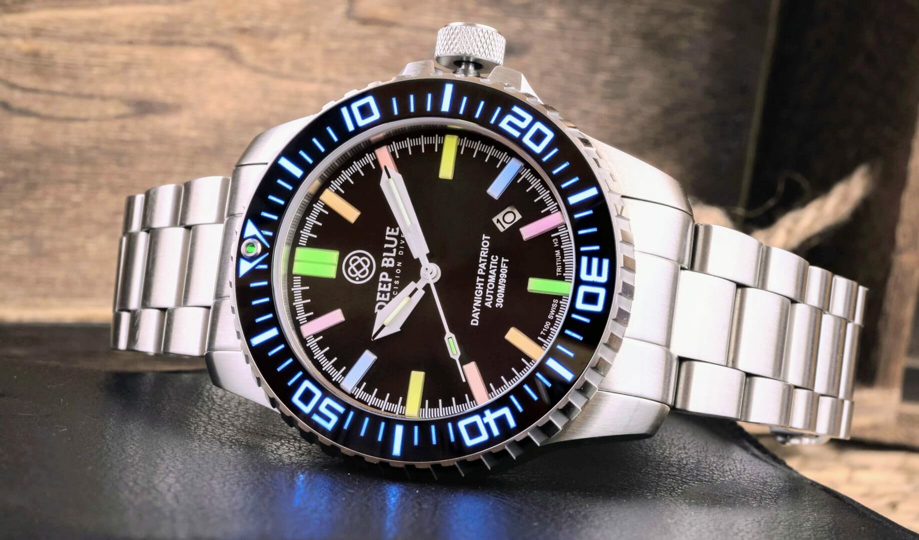 DAYNIGHT PATRIOT BLACK CERAMIC BEZEL - BLACK DIAL – 7 COLOR TRITIUM TUBES STRAP