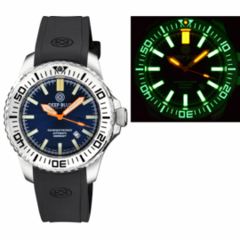 DAYNIGHT PATRIOT WHITE CERAMIC BEZEL - DARK BLUE DIAL - ORANGE HANDS - GREEN/ORANGE TUBES STRAP