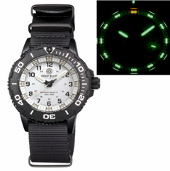DAYNIGHT 43MM DIVER SOLAR POWERED PC TRITIUM WATCH- BLACK/WHITE BEZEL - WHITE DIAL - WHITE HANDS GREEN/ORANGE TRITIUM TUBES BLACK HANDS &ndash; STRAP