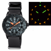 DAYNIGHT 43MM DIVER SOLAR POWERED PC TRITIUM WATCH- STEALTH BEZEL - WHITE NUMBERS - ORANGE HANDS 2 COLOR TRITIUM TUBES &ndash; STRAP