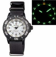 DAYNIGHT 43MM DIVER SOLAR POWERED PC TRITIUM WATCH- BLACK/WHITE BEZEL - WHITE DIAL - WHITE HANDS GREEN/ORANGE TRITIUM TUBES BLACK HANDS &ndash; STRAP