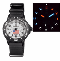 DAYNIGHT 43MM DIVER SOLAR POWERED PC USA TRITIUM WATCH- BLACK/WHITE BEZEL - WHITE DIAL USA FLAG 3 COLOR TRITIUM TUBES WHITE HANDS &ndash; STRAP