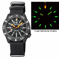 DAYNIGHT DIVER PC TRITIUM AUTOMATIC WATCH BLACK WHITE BEZEL - BLACK DIAL ORANGE HANDS GREEN/ORANGE TUBES STRAP
