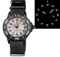 DAYNIGHT 43MM DIVER SOLAR POWERED PC TRITIUM WATCH- BLACK/WHITE BEZEL - WHITE DIAL ORANGE HANDS 3 COLOR WHITE GREEN ORANGE TRITIUM TUBES &ndash; STRAP