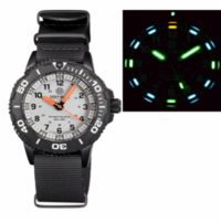 DAYNIGHT 43MM DIVER SOLAR POWERED PC TRITIUM WATCH- BLACK/WHITE BEZEL - WHITE DIAL ORANGE HANDS 3 COLOR BLUE GREEN ORANGE TRITIUM TUBES &ndash; STRAP