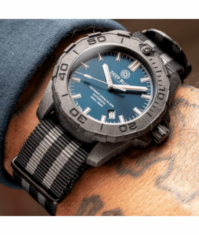 DAYNIGHT STEALTH OPS CARBON CASE DARK BLUE DIAL &ndash; BLUE /YELLOW TRITIUM TUBES AUTOMATIC WATCH SCREW DOWN CROWN