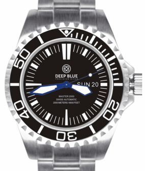 MASTER 2000 DAY DATE SWISS AUTO BLACK DIAL CLASSIC MINUTE MARKER BLUE HANDS