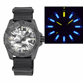 DAYNIGHT STEALTH OPS CARBON CASE WHITE GREY CAMO DIAL BLUE /YELLOW FLAT TRITIUM TUBES AUTOMATIC WATCH SCREW DOWN CROWN