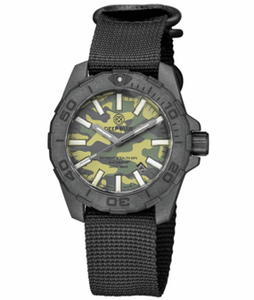 DAYNIGHT STEALTH OPS CARBON CASE GREEN CAMO DIAL BLUE /YELLOW FLAT TRITIUM TUBES AUTOMATIC WATCH SCREW DOWN CROWN