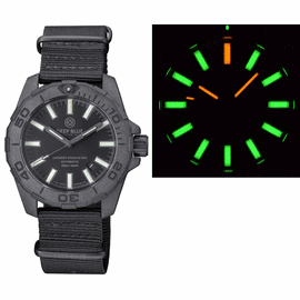 DAYNIGHT STEALTH OPS CARBON CASE BLACK DIAL GREEN/ORANGE FLAT TRITIUM TUBES AUTOMATIC WATCH SCREW DOWN CROWN