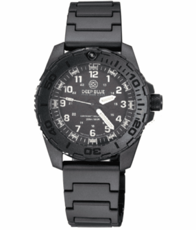 DAYNIGHT 43MM DIVER SOLAR POWERED PC TRITIUM WATCH- STEALTH BEZEL - WHITE NUMBERS WHITE HANDS 3 COLOR TRITIUM TUBES &ndash; STRAP