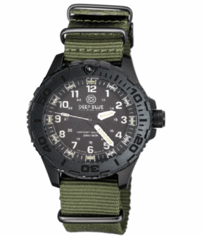 DAYNIGHT 43MM DIVER SOLAR POWERED PC TRITIUM WATCH- STEALTH BEZEL - WHITE NUMBERS WHITE HANDS 3 COLOR TRITIUM TUBES &ndash; STRAP
