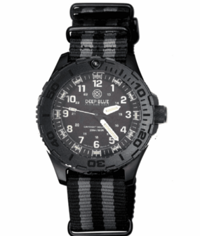 DAYNIGHT 43MM DIVER SOLAR POWERED PC TRITIUM WATCH- STEALTH BEZEL - WHITE NUMBERS WHITE HANDS 3 COLOR TRITIUM TUBES &ndash; STRAP