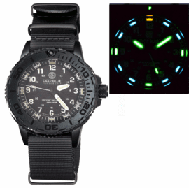 DAYNIGHT 43MM DIVER SOLAR POWERED PC TRITIUM WATCH- STEALTH BEZEL - WHITE NUMBERS WHITE HANDS 3 COLOR TRITIUM TUBES &ndash; STRAP