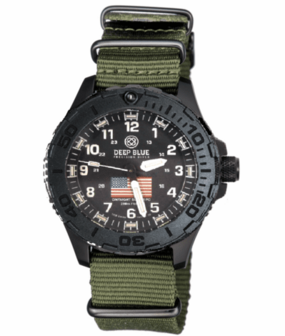 DAYNIGHT 43MM DIVER SOLAR POWERED PC USA TRITIUM WATCH - STEALTH BEZEL WHITE NUMBERS USA FLAG 3 COLOR TRITIUM TUBES &ndash; STRAP