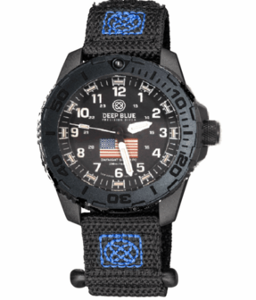 DAYNIGHT 43MM DIVER SOLAR POWERED PC USA TRITIUM WATCH - STEALTH BEZEL WHITE NUMBERS USA FLAG 3 COLOR TRITIUM TUBES &ndash; STRAP