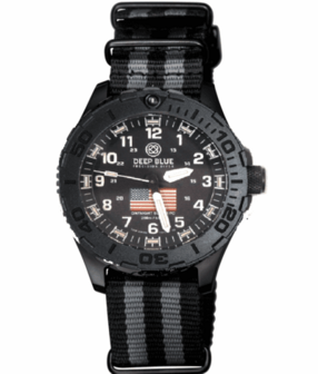 DAYNIGHT 43MM DIVER SOLAR POWERED PC USA TRITIUM WATCH - STEALTH BEZEL WHITE NUMBERS USA FLAG 3 COLOR TRITIUM TUBES &ndash; STRAP