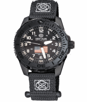 DAYNIGHT 43MM DIVER SOLAR POWERED PC USA TRITIUM WATCH - STEALTH BEZEL WHITE NUMBERS USA FLAG 3 COLOR TRITIUM TUBES &ndash; STRAP