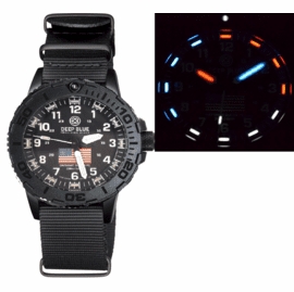 DAYNIGHT 43MM DIVER SOLAR POWERED PC USA TRITIUM WATCH - STEALTH BEZEL WHITE NUMBERS USA FLAG 3 COLOR TRITIUM TUBES &ndash; STRAP