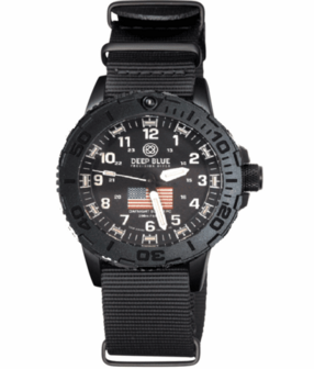 DAYNIGHT 43MM DIVER SOLAR POWERED PC USA TRITIUM WATCH - STEALTH BEZEL WHITE NUMBERS USA FLAG 3 COLOR TRITIUM TUBES &ndash; STRAP