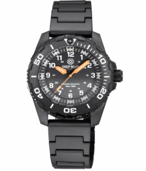 DAYNIGHT 43MM DIVER SOLAR POWERED PC TRITIUM WATCH- BLACK WHITE BEZEL - WHITE NUMBERS - ORANGE HANDS 3 COLOR TRITIUM TUBES STRAP