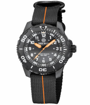 DAYNIGHT 43MM DIVER SOLAR POWERED PC TRITIUM WATCH- BLACK WHITE BEZEL - WHITE NUMBERS - ORANGE HANDS 3 COLOR TRITIUM TUBES STRAP