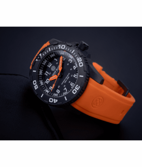 DAYNIGHT 43MM DIVER SOLAR POWERED PC TRITIUM WATCH- BLACK WHITE BEZEL - WHITE NUMBERS - ORANGE HANDS 3 COLOR TRITIUM TUBES STRAP