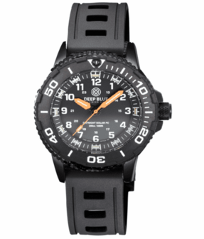 DAYNIGHT 43MM DIVER SOLAR POWERED PC TRITIUM WATCH- BLACK WHITE BEZEL - WHITE NUMBERS - ORANGE HANDS 3 COLOR TRITIUM TUBES STRAP