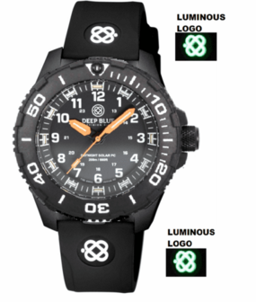 DAYNIGHT 43MM DIVER SOLAR POWERED PC TRITIUM WATCH- BLACK WHITE BEZEL - WHITE NUMBERS - ORANGE HANDS 3 COLOR TRITIUM TUBES STRAP