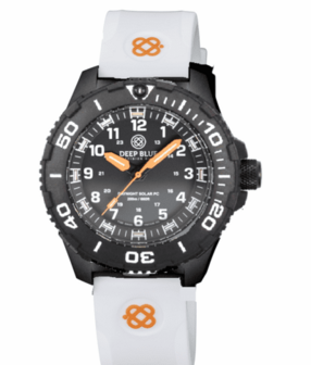 DAYNIGHT 43MM DIVER SOLAR POWERED PC TRITIUM WATCH- BLACK WHITE BEZEL - WHITE NUMBERS - ORANGE HANDS 3 COLOR TRITIUM TUBES STRAP