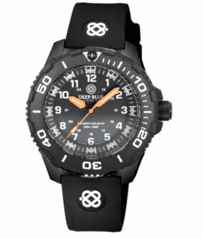 DAYNIGHT 43MM DIVER SOLAR POWERED PC TRITIUM WATCH- BLACK WHITE BEZEL - WHITE NUMBERS - ORANGE HANDS 3 COLOR TRITIUM TUBES STRAP