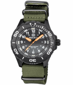 DAYNIGHT 43MM DIVER SOLAR POWERED PC TRITIUM WATCH- BLACK WHITE BEZEL - WHITE NUMBERS - ORANGE HANDS 3 COLOR TRITIUM TUBES STRAP