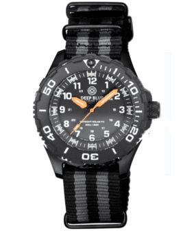 DAYNIGHT 43MM DIVER SOLAR POWERED PC TRITIUM WATCH- BLACK WHITE BEZEL - WHITE NUMBERS - ORANGE HANDS 3 COLOR TRITIUM TUBES STRAP