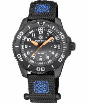 DAYNIGHT 43MM DIVER SOLAR POWERED PC TRITIUM WATCH- BLACK WHITE BEZEL - WHITE NUMBERS - ORANGE HANDS 3 COLOR TRITIUM TUBES STRAP