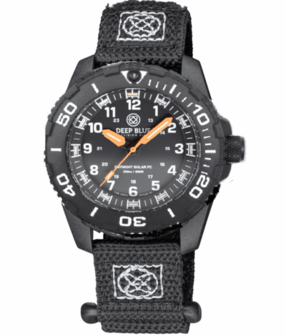 DAYNIGHT 43MM DIVER SOLAR POWERED PC TRITIUM WATCH- BLACK WHITE BEZEL - WHITE NUMBERS - ORANGE HANDS 3 COLOR TRITIUM TUBES STRAP