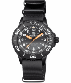 DAYNIGHT 43MM DIVER SOLAR POWERED PC TRITIUM WATCH- BLACK WHITE BEZEL - WHITE NUMBERS - ORANGE HANDS 3 COLOR TRITIUM TUBES STRAP