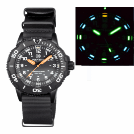 DAYNIGHT 43MM DIVER SOLAR POWERED PC TRITIUM WATCH- BLACK WHITE BEZEL - WHITE NUMBERS - ORANGE HANDS 3 COLOR TRITIUM TUBES STRAP