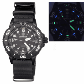 DAYNIGHT 43MM DIVER SOLAR POWERED PC TRITIUM WATCH- BLACK/WHITE BEZEL - WHITE NUMBERS 3 COLOR TRITIUM TUBES &ndash; STRAP