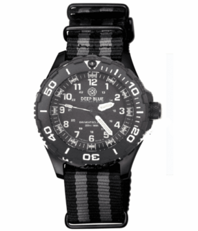 DAYNIGHT 43MM DIVER SOLAR POWERED PC TRITIUM WATCH- BLACK/WHITE BEZEL - WHITE NUMBERS 3 COLOR TRITIUM TUBES &ndash; STRAP