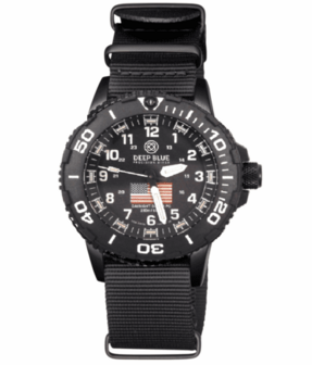 DAYNIGHT 43MM DIVER SOLAR POWERED PC USA TRITIUM WATCH- BLACK/WHITE BEZEL - WHITE NUMBERS USA FLAG 3 COLOR TRITIUM TUBES &ndash; STRAP