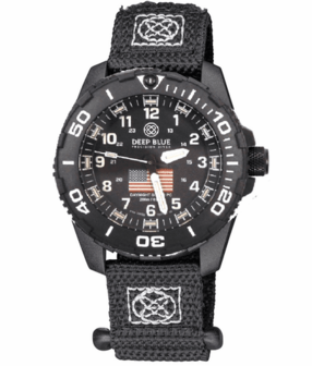 DAYNIGHT 43MM DIVER SOLAR POWERED PC USA TRITIUM WATCH- BLACK/WHITE BEZEL - WHITE NUMBERS USA FLAG 3 COLOR TRITIUM TUBES &ndash; STRAP