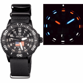 DAYNIGHT 43MM DIVER SOLAR POWERED PC USA TRITIUM WATCH- BLACK/WHITE BEZEL - WHITE NUMBERS USA FLAG 3 COLOR TRITIUM TUBES &ndash; STRAP