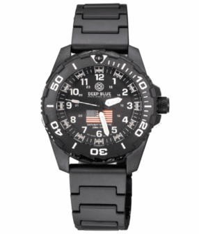 DAYNIGHT 43MM DIVER SOLAR POWERED PC USA TRITIUM WATCH- BLACK/WHITE BEZEL - WHITE NUMBERS USA FLAG 3 COLOR TRITIUM TUBES &ndash; STRAP