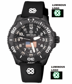 DAYNIGHT 43MM DIVER SOLAR POWERED PC USA TRITIUM WATCH- BLACK/WHITE BEZEL - WHITE NUMBERS USA FLAG 3 COLOR TRITIUM TUBES &ndash; STRAP