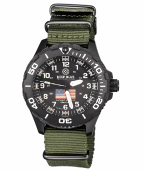 DAYNIGHT 43MM DIVER SOLAR POWERED PC USA TRITIUM WATCH- BLACK/WHITE BEZEL - WHITE NUMBERS USA FLAG 3 COLOR TRITIUM TUBES &ndash; STRAP