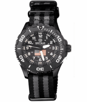 DAYNIGHT 43MM DIVER SOLAR POWERED PC USA TRITIUM WATCH- BLACK/WHITE BEZEL - WHITE NUMBERS USA FLAG 3 COLOR TRITIUM TUBES &ndash; STRAP
