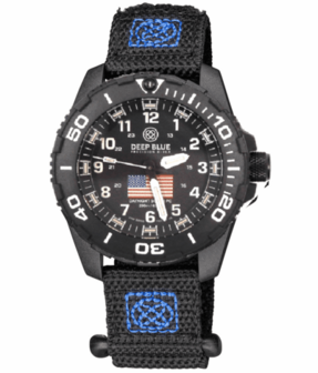 DAYNIGHT 43MM DIVER SOLAR POWERED PC USA TRITIUM WATCH- BLACK/WHITE BEZEL - WHITE NUMBERS USA FLAG 3 COLOR TRITIUM TUBES &ndash; STRAP