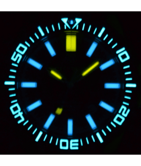 DAYNIGHT PATRIOT BLACK CERAMIC BEZEL - BLACK DIAL - ORANGE HANDS BLUE/YELLOW TUBES STRAP