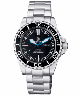MASTER 2000 DAY DATE SWISS AUTO BLACK DIAL CLASSIC MINUTE MARKER BLUE HANDS