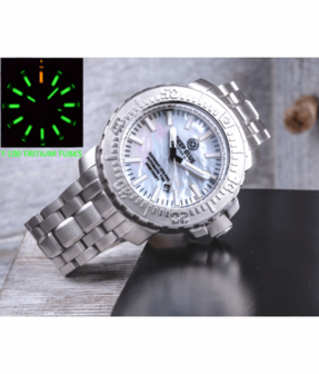 DAYNIGHT OPS PRO TRITIUM TUBES AUTOMATIC 46MM STAINLESS STEEL BEZEL WHITE MOTHER OF PEARL DIAL - BRACELET GREEN/ORANGE TRITIUM TUBES